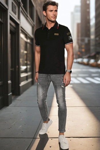 Koszulka męska polo z naszywkami czarna Dstreet PX0632
