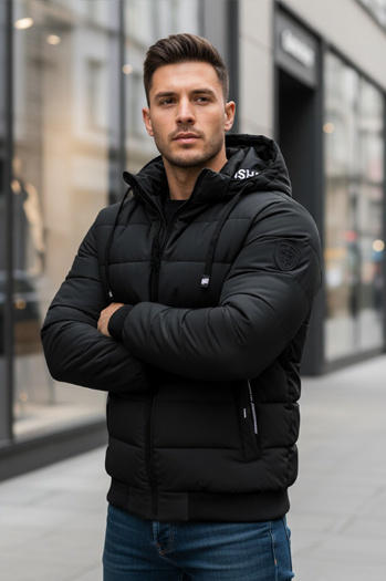 Kurtka męska zimowa pikowan z kapturem czarna Dstreet TX5094