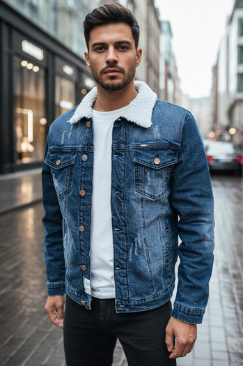 Kurtka męska jeansowa ocieplana z kożuchem granatowa Dstreet TX4729z