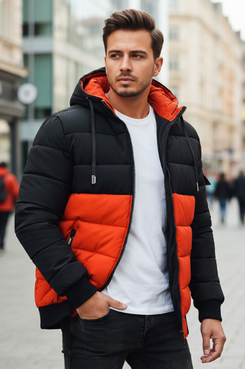 Kurtka męska zimowa z kapturem pomarańczowo-czarna Dstreet TX5097